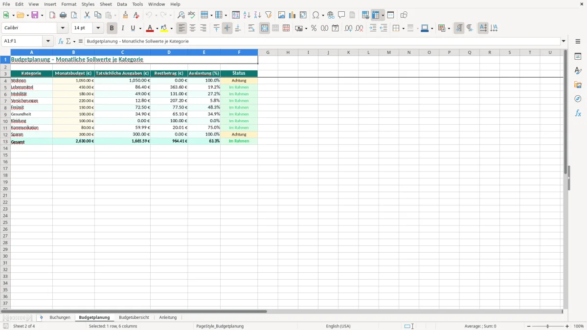 Captura de tela 2: Aba Budgetplanung - Planilha Excel personalbudget excel vorlage