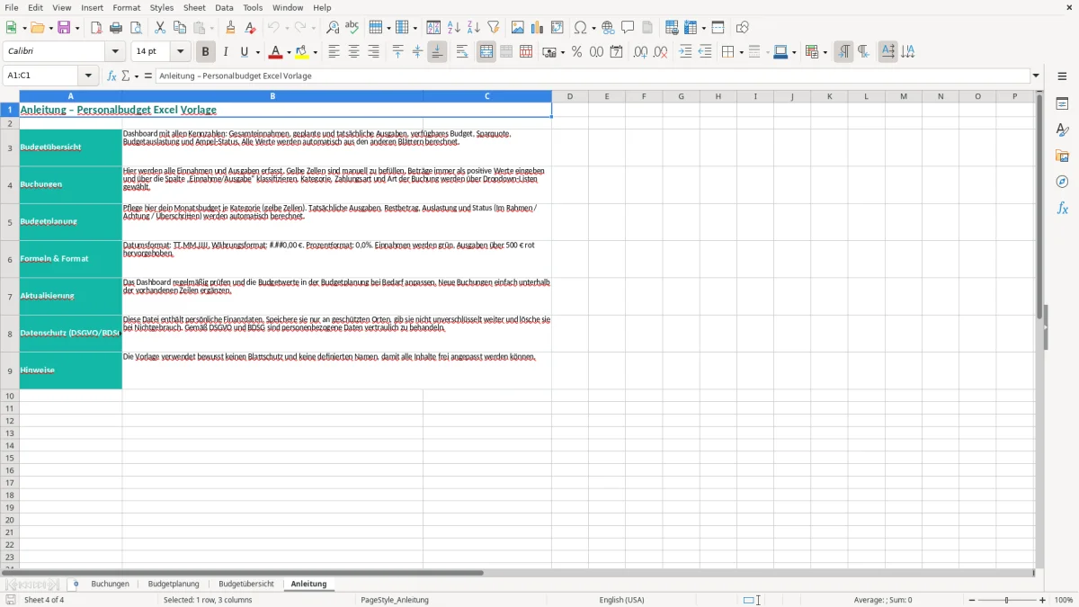 Captura de tela 4: Aba Anleitung - Planilha Excel personalbudget excel vorlage