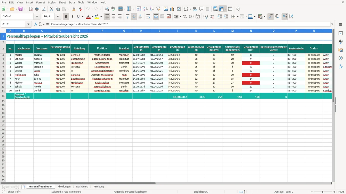 Captura de tela 1: Aba Personalfragebogen - Planilha Excel personalfragebogen excel vorlage
