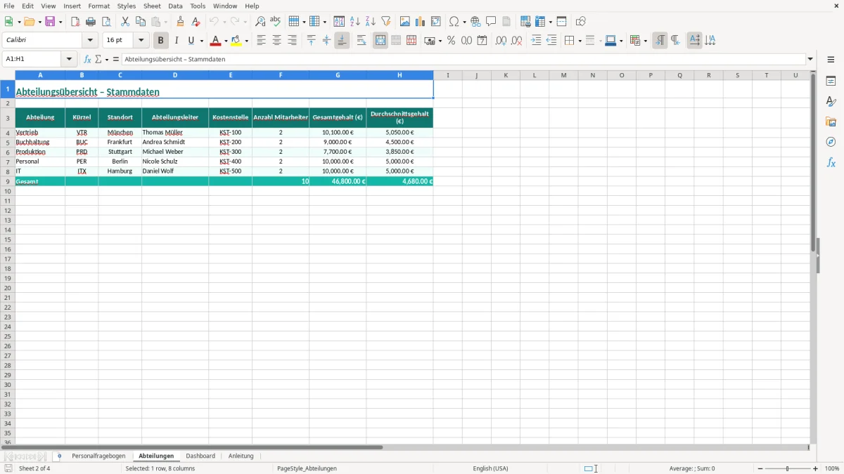 Captura de tela 2: Aba Abteilungen - Planilha Excel personalfragebogen excel vorlage