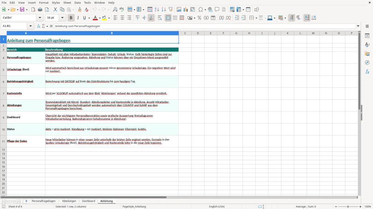 Captura de tela 4: Aba Anleitung - Planilha Excel personalfragebogen excel vorlage