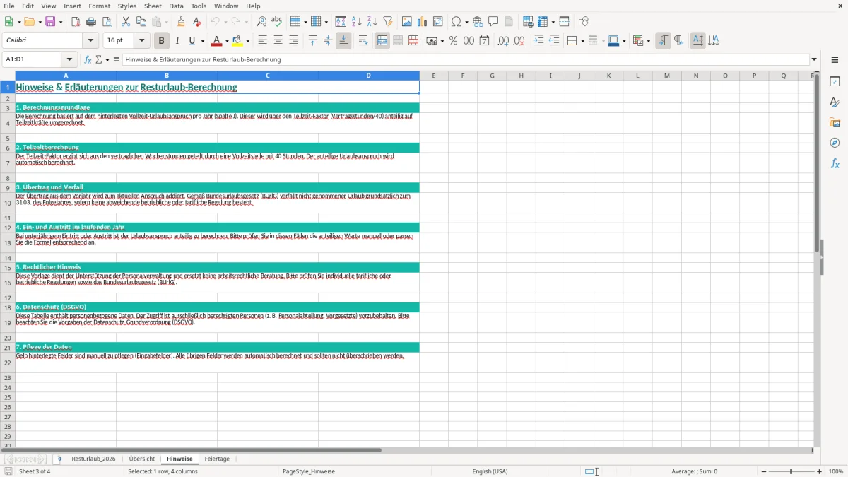 Captura de tela 3: Aba Hinweise - Planilha Excel resturlaub berechnung excel vorlage