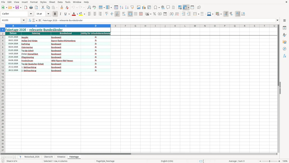 Captura de tela 4: Aba Feiertage - Planilha Excel resturlaub berechnung excel vorlage