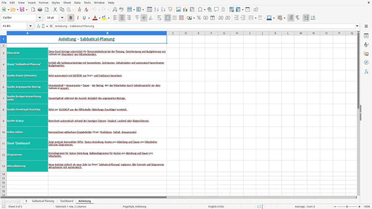 Captura de tela 3: Aba Anleitung - Planilha Excel sabbatical planung excel vorlage
