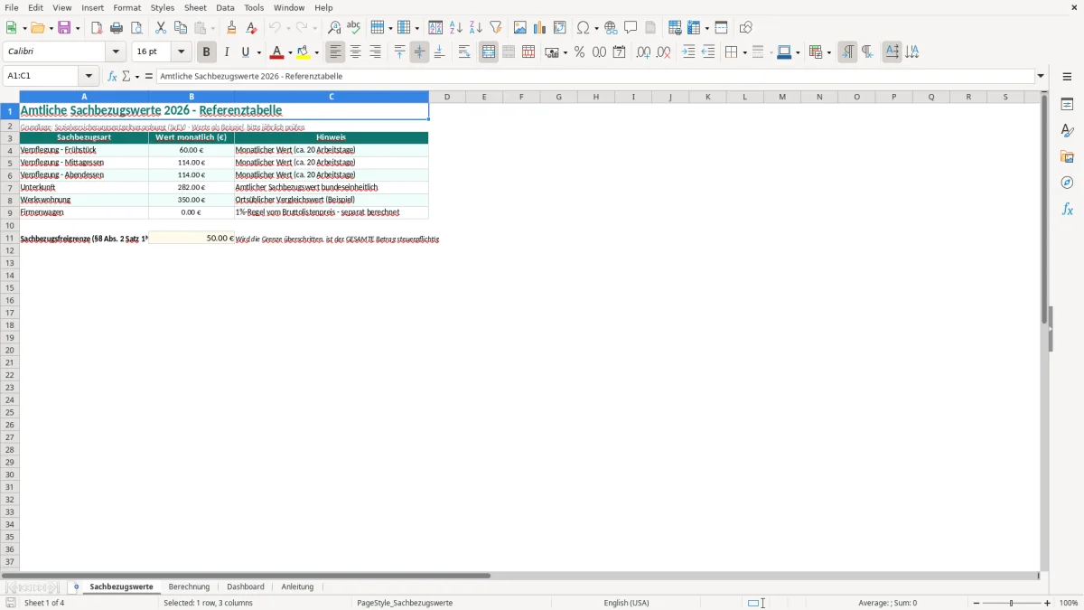 Captura de tela 1: Aba Sachbezugswerte - Planilha Excel sachbezug berechnung excel vorlage