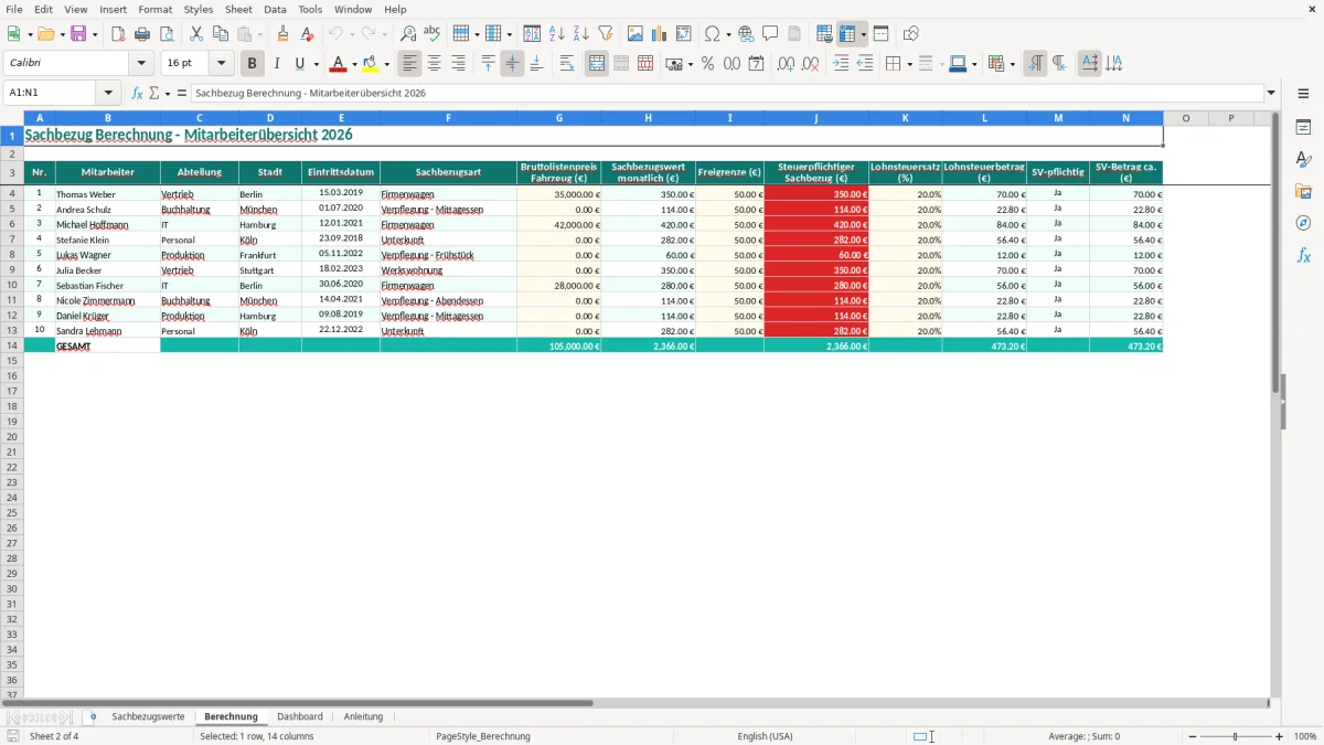 Captura de tela 2: Aba Berechnung - Planilha Excel sachbezug berechnung excel vorlage