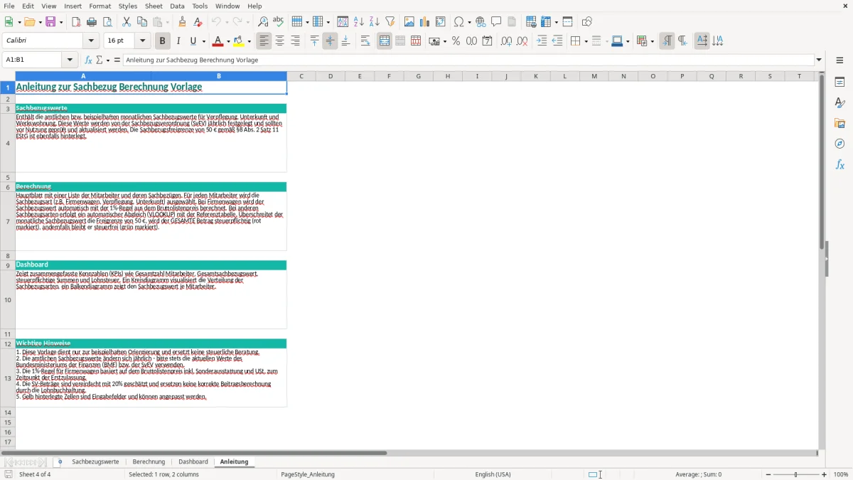 Captura de tela 4: Aba Anleitung - Planilha Excel sachbezug berechnung excel vorlage