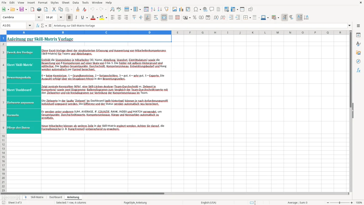 Captura de tela 3: Aba Anleitung - Planilha Excel skill matrix excel vorlage