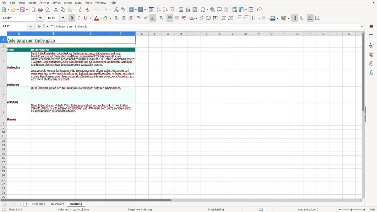 Captura de tela 3: Aba Anleitung - Planilha Excel stellenplan excel vorlage