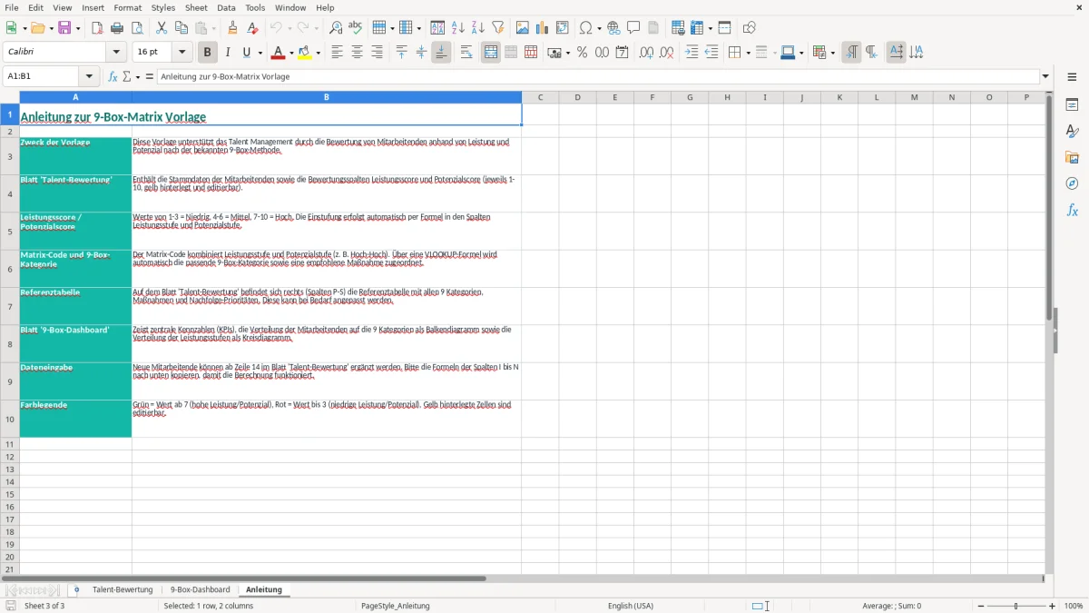 Captura de tela 3: Aba Anleitung - Planilha Excel talent management 9 box excel vorlage