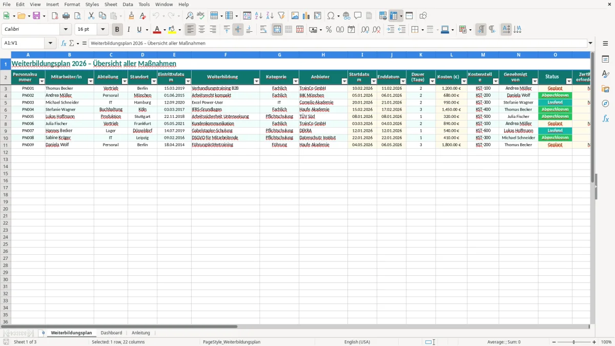 Captura de tela 1: Aba Weiterbildungsplan - Planilha Excel weiterbildungsplan excel vorlage
