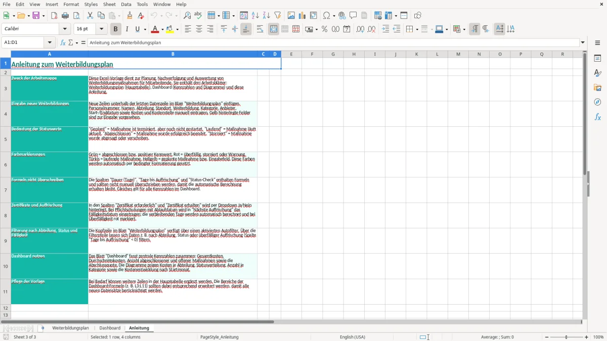 Captura de tela 3: Aba Anleitung - Planilha Excel weiterbildungsplan excel vorlage