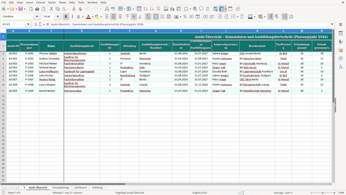 Captura de tela 1: Aba Azubi-Übersicht - Planilha Excel azubi planung excel vorlage