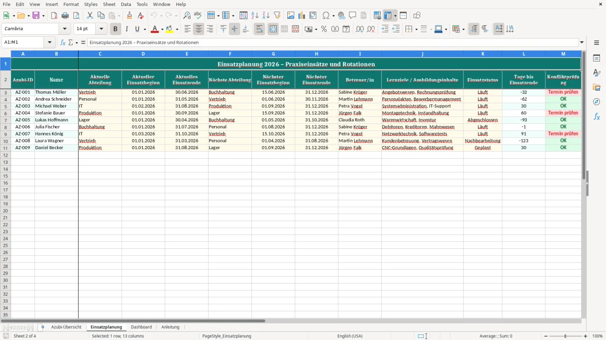 Captura de tela 2: Aba Einsatzplanung - Planilha Excel azubi planung excel vorlage