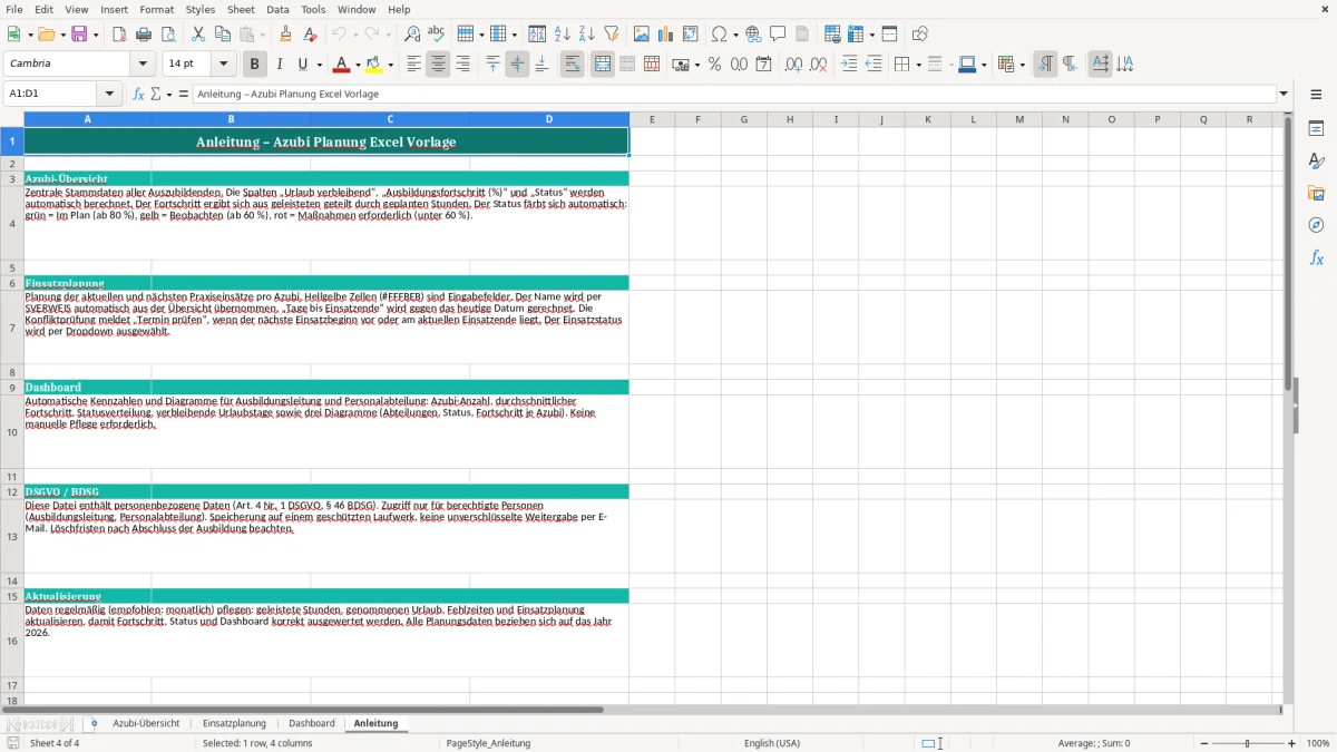 Captura de tela 4: Aba Anleitung - Planilha Excel azubi planung excel vorlage