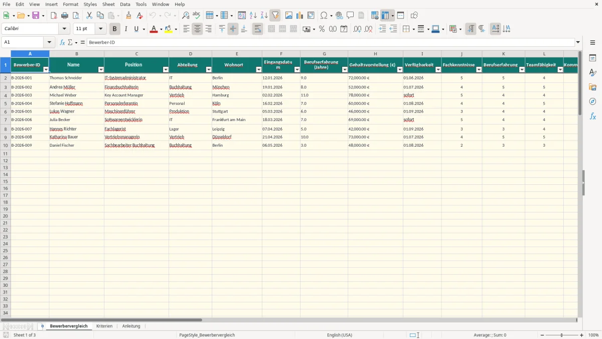 Captura de tela 1: Aba Bewerbervergleich - Planilha Excel bewerbervergleich excel vorlage