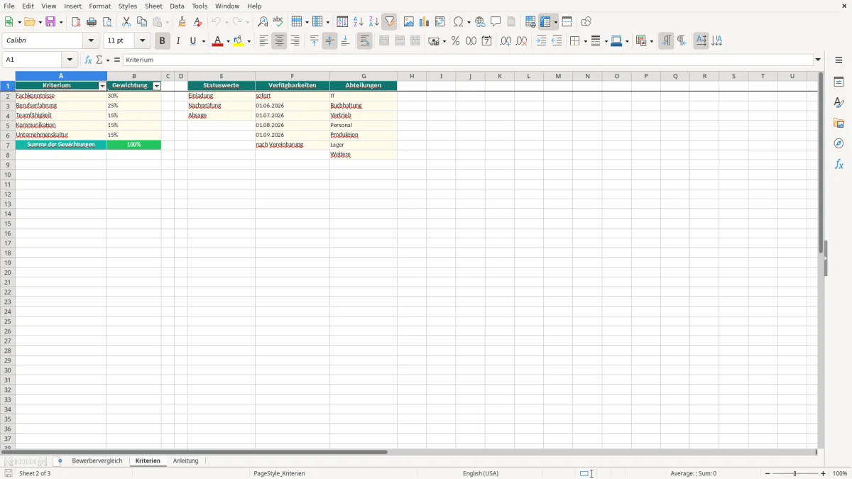 Captura de tela 2: Aba Kriterien - Planilha Excel bewerbervergleich excel vorlage
