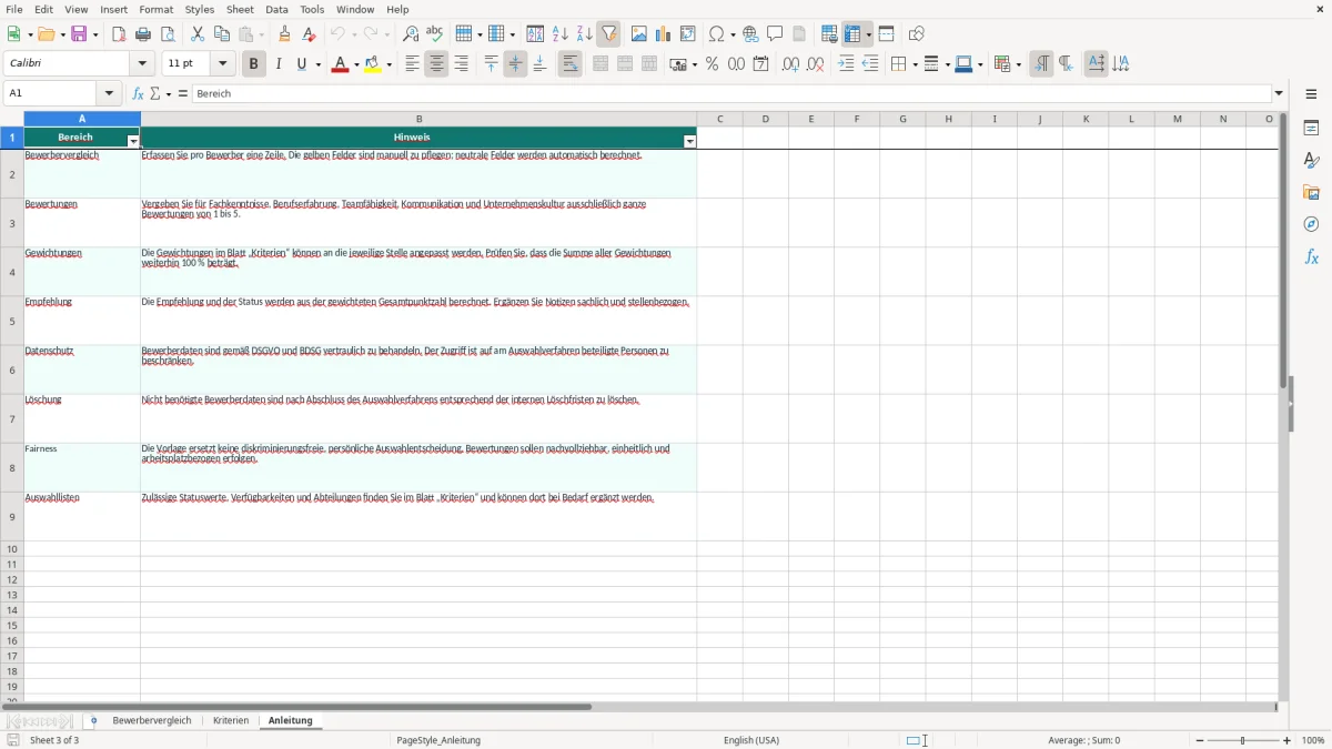 Captura de tela 3: Aba Anleitung - Planilha Excel bewerbervergleich excel vorlage