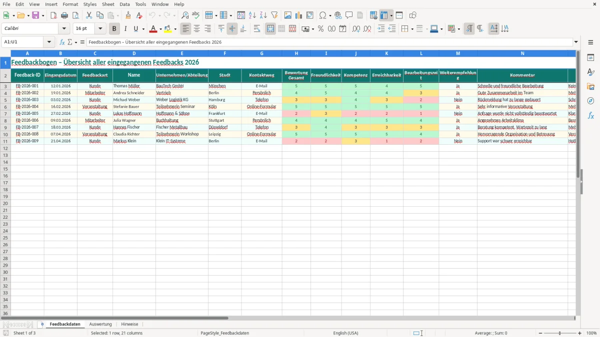 Captura de tela 1: Aba Feedbackdaten - Planilha Excel feedbackbogen excel vorlage