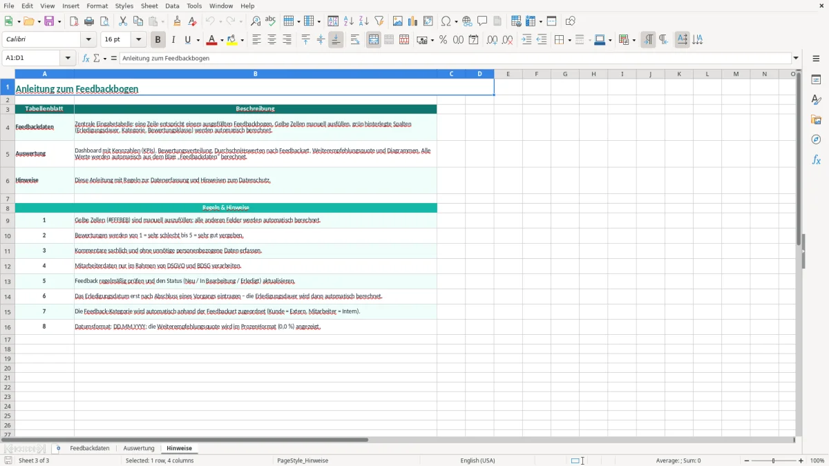 Captura de tela 3: Aba Hinweise - Planilha Excel feedbackbogen excel vorlage