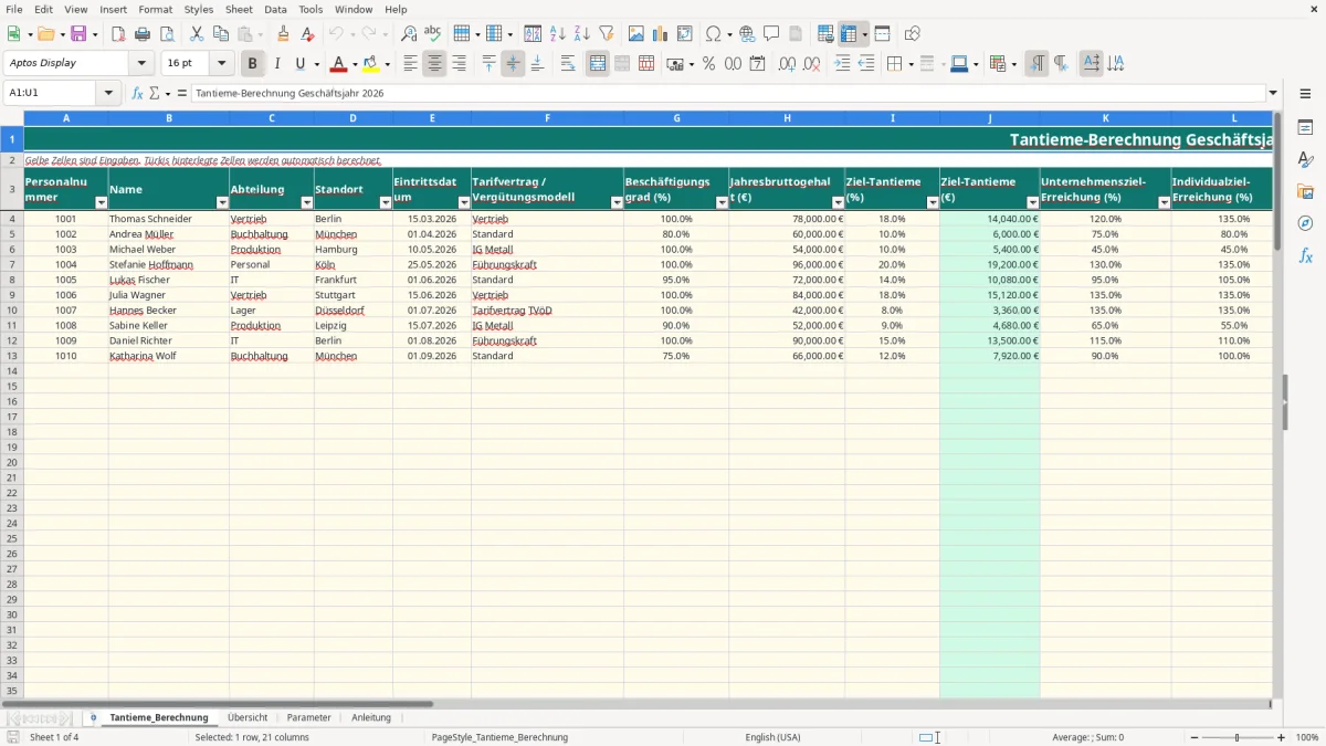 Captura de tela 1: Aba Tantieme_Berechnung - Planilha Excel tantieme berechnung excel vorlage