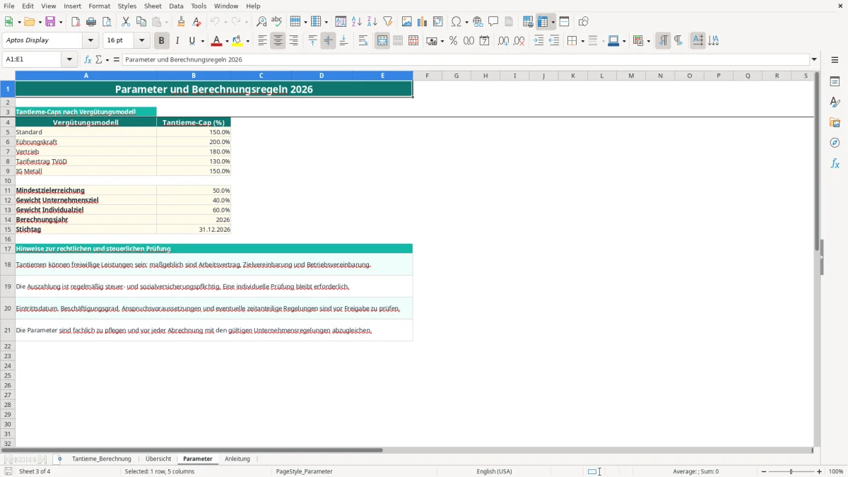 Captura de tela 3: Aba Parameter - Planilha Excel tantieme berechnung excel vorlage