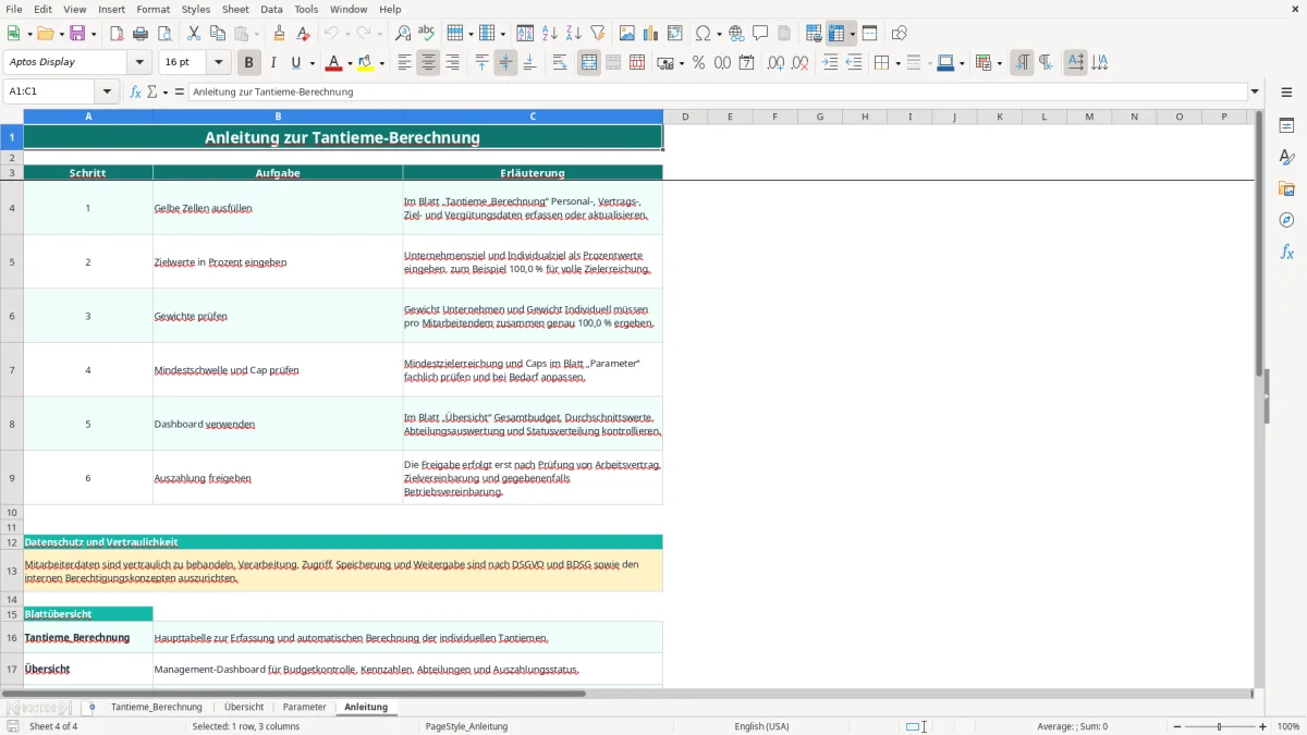 Captura de tela 4: Aba Anleitung - Planilha Excel tantieme berechnung excel vorlage