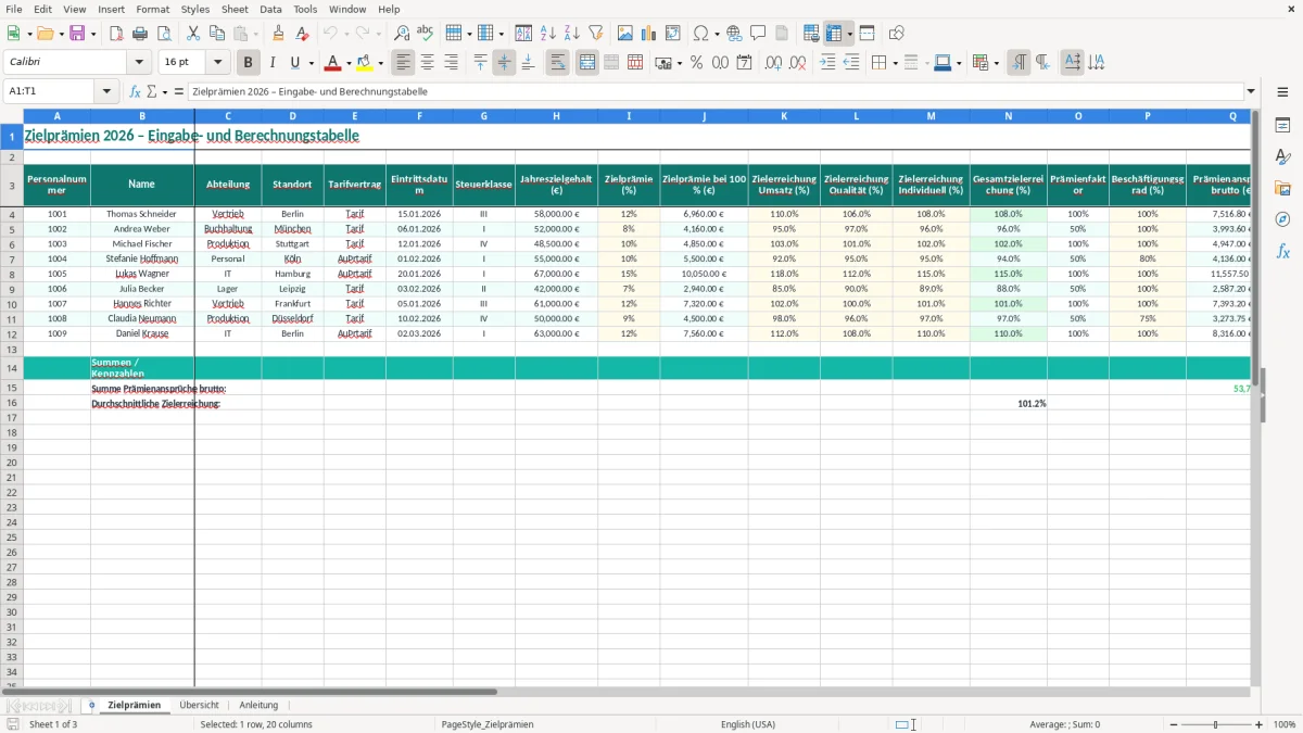 Captura de tela 1: Aba Zielprämien - Planilha Excel zielprämie excel vorlage