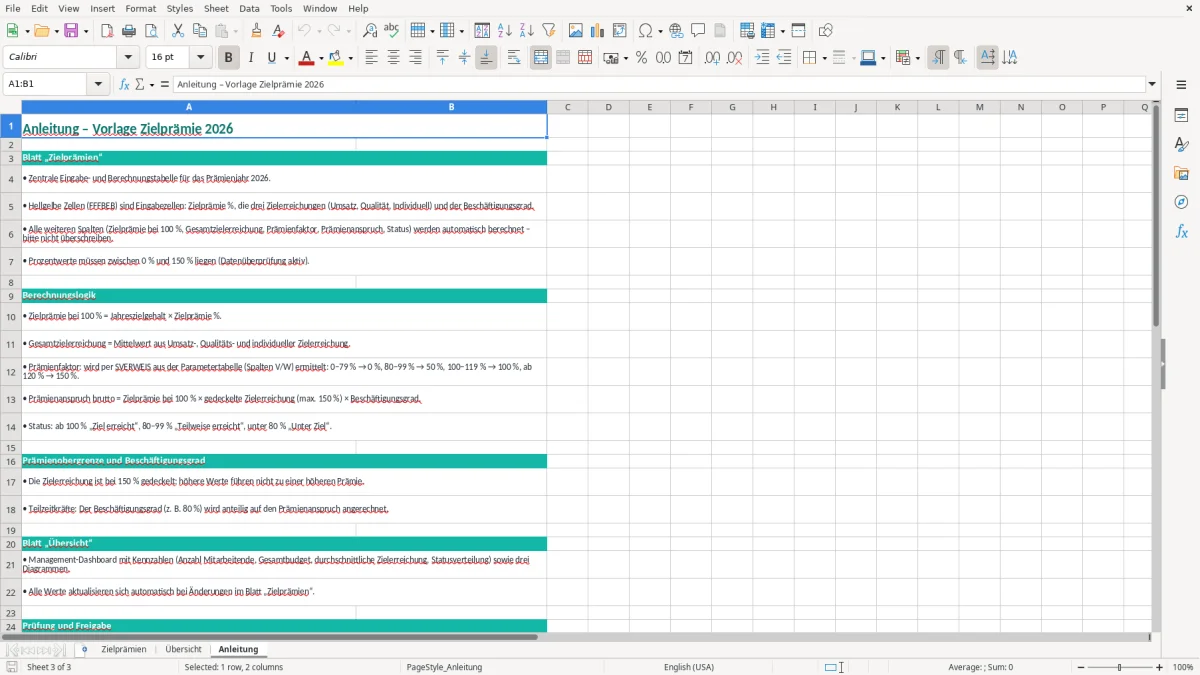 Captura de tela 3: Aba Anleitung - Planilha Excel zielprämie excel vorlage