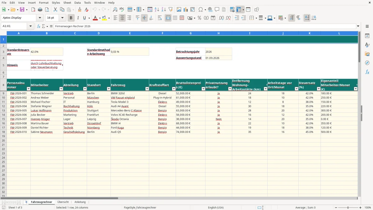 Captura de tela 1: Aba Fahrzeugrechner - Planilha Excel firmenwagen rechner excel vorlage