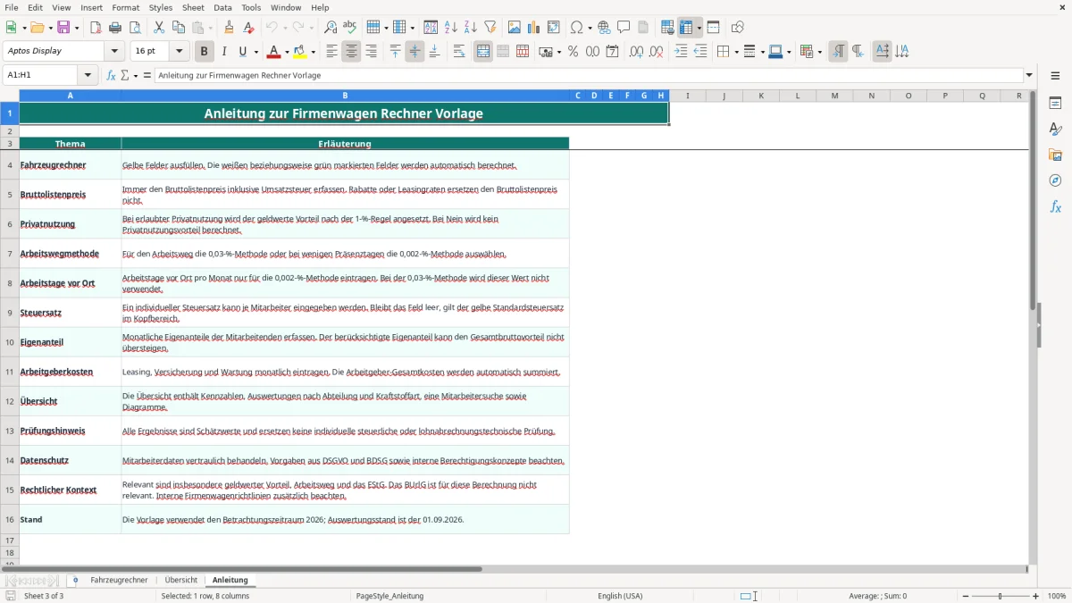 Captura de tela 3: Aba Anleitung - Planilha Excel firmenwagen rechner excel vorlage