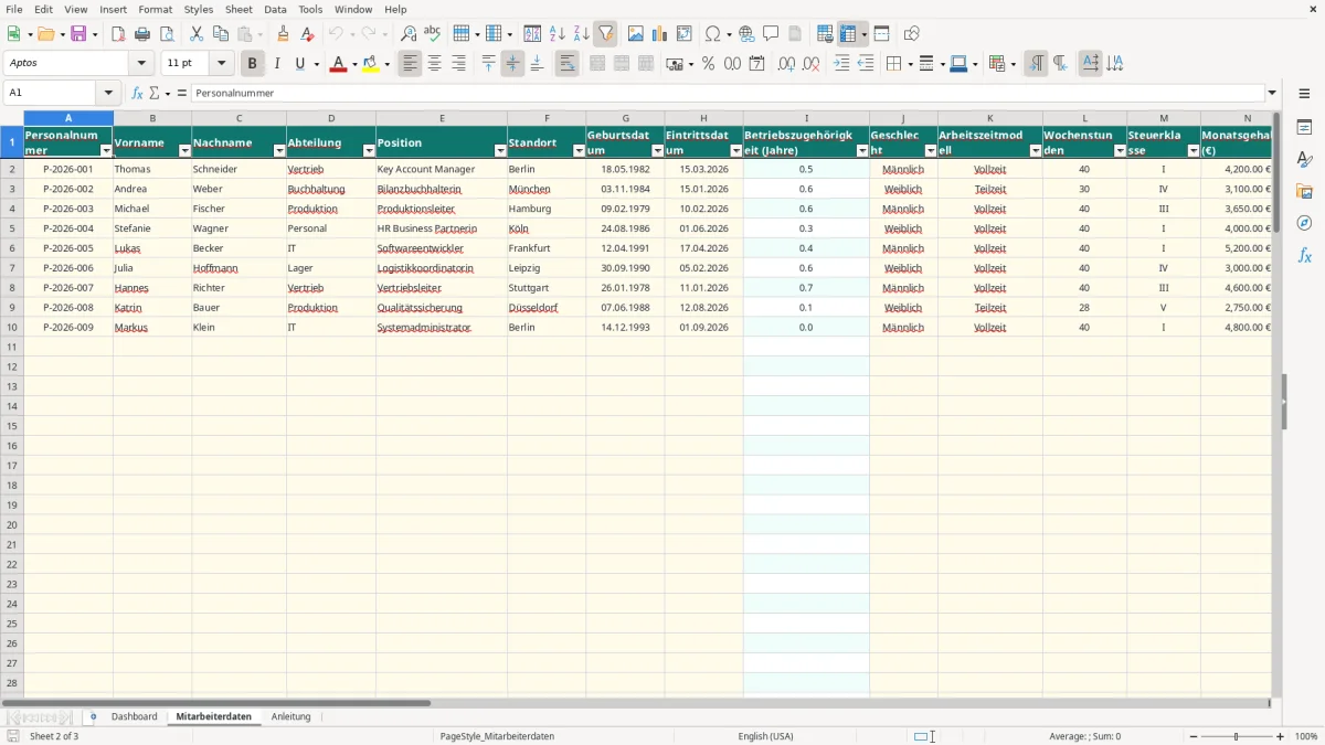 Captura de tela 2: Aba Mitarbeiterdaten - Planilha Excel hr dashboard excel vorlage