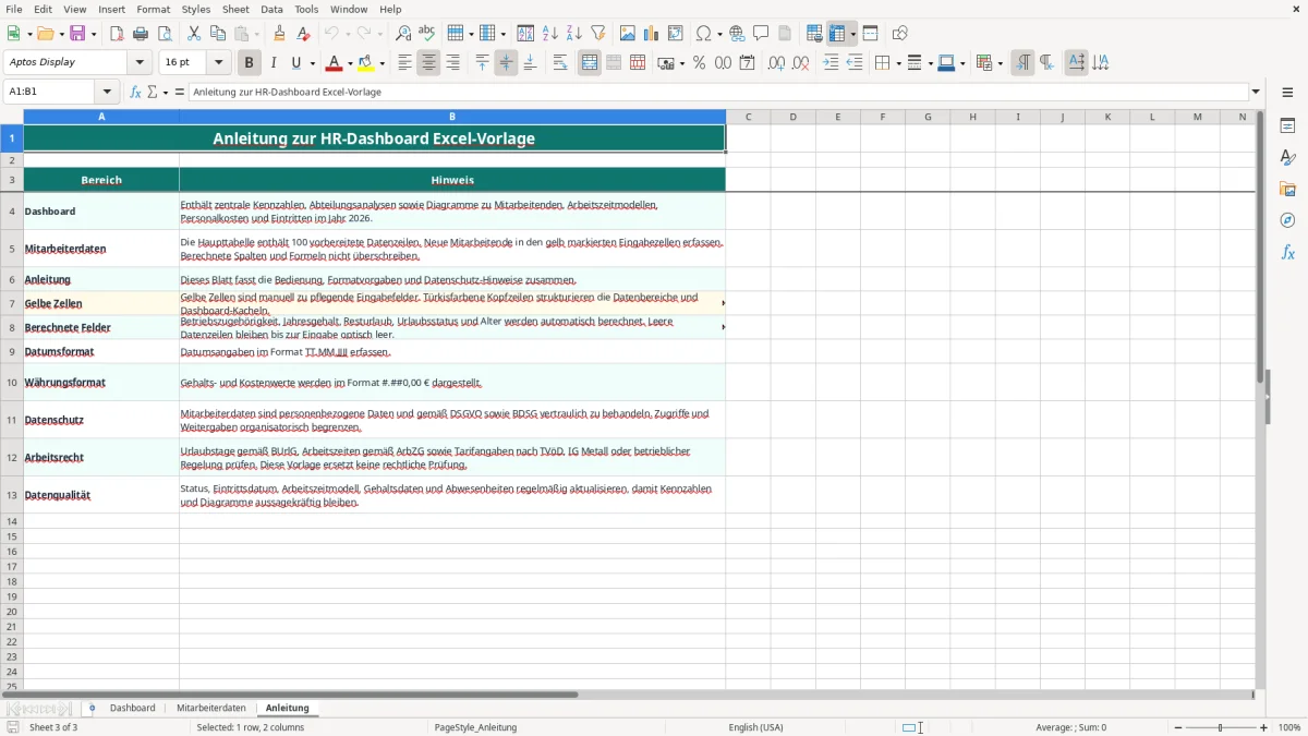Captura de tela 3: Aba Anleitung - Planilha Excel hr dashboard excel vorlage