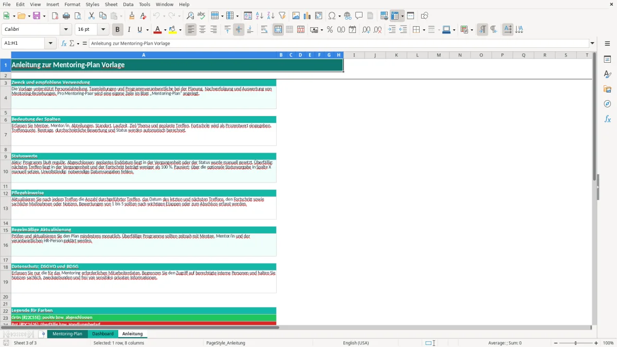 Captura de tela 3: Aba Anleitung - Planilha Excel mentoring plan excel vorlage