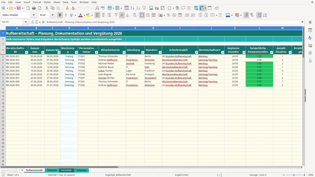 Captura de tela 1: Aba Rufbereitschaft - Planilha Excel rufbereitschaft excel vorlage