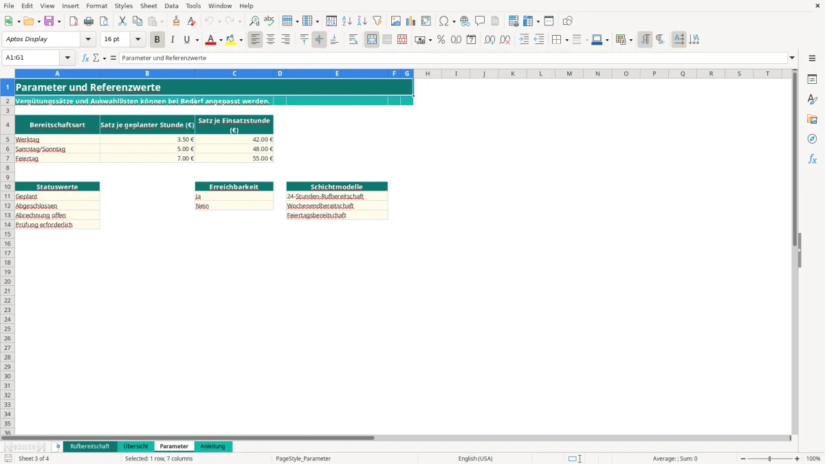 Captura de tela 3: Aba Parameter - Planilha Excel rufbereitschaft excel vorlage