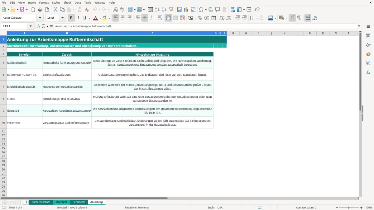 Captura de tela 4: Aba Anleitung - Planilha Excel rufbereitschaft excel vorlage