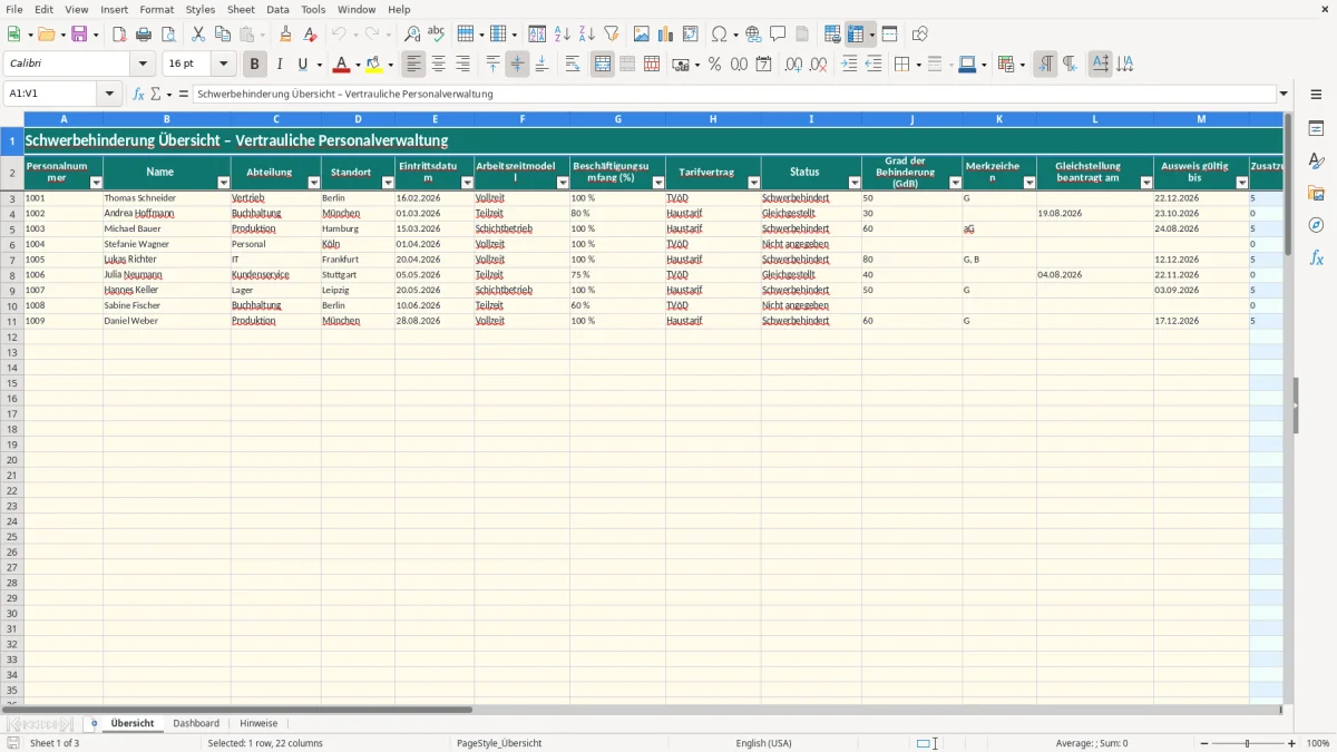 Captura de tela 1: Aba Übersicht - Planilha Excel schwerbehinderung übersicht excel vorlage