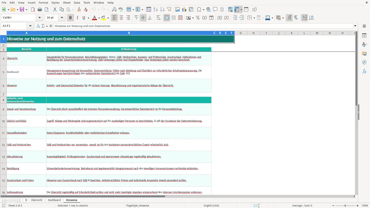 Captura de tela 3: Aba Hinweise - Planilha Excel schwerbehinderung übersicht excel vorlage