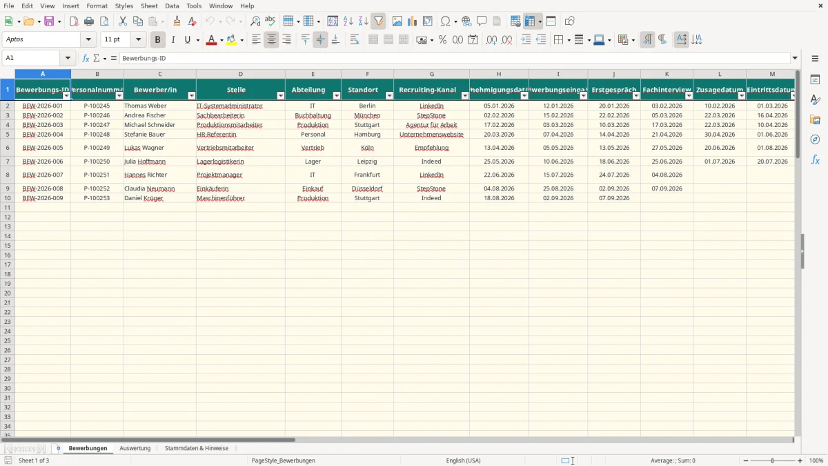 Captura de tela 1: Aba Bewerbungen - Planilha Excel time to hire auswertung excel vorlage