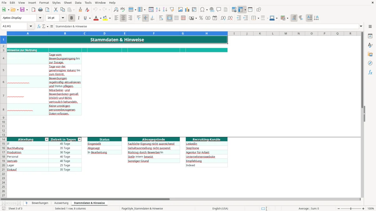 Captura de tela 3: Aba Stammdaten & Hinweise - Planilha Excel time to hire auswertung excel vorlage